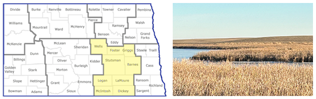 Collage of 2 images: map of North Dakota with south central counties highlighted and a photo of a site where placemaking artworks will be installed, showing a wheat field with a large pond inside