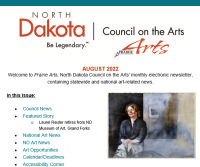 Screenshot of top of August 2022 NDCA E-Prairie Arts Newsletter